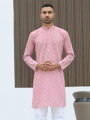 kraft india Men Embroidered Straight Kurta(Pink)