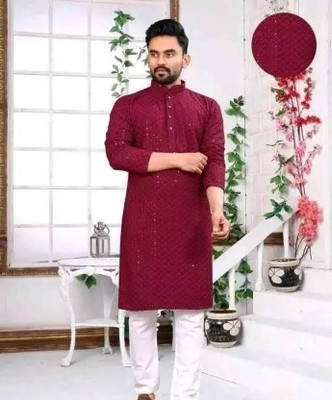 RAG Solutions Men Embroidered Straight Kurta(Maroon)