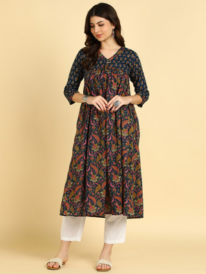 maaesa Women Floral Print Anarkali Kurta(Blue)