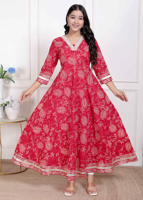 MIRAVAN Women Floral Print Anarkali Kurta(Red)