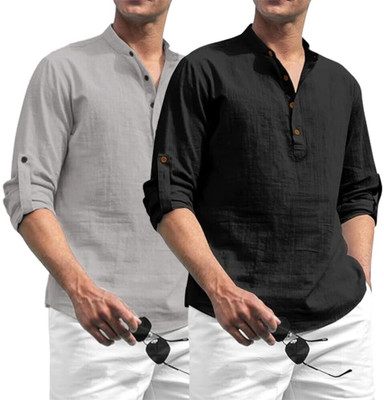 Vimal Star Men Solid Straight Kurta(Black, Grey)