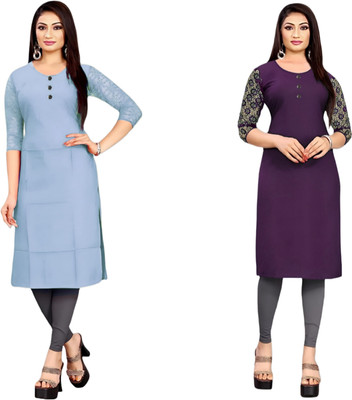 HOFC Women Solid Straight Kurta(Grey, Purple)