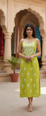 ChikankariArts Women Embroidered Straight Kurta(Yellow)