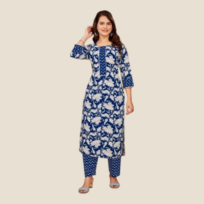 RISHABH FASHION Women Printed Flared Kurta(Blue)