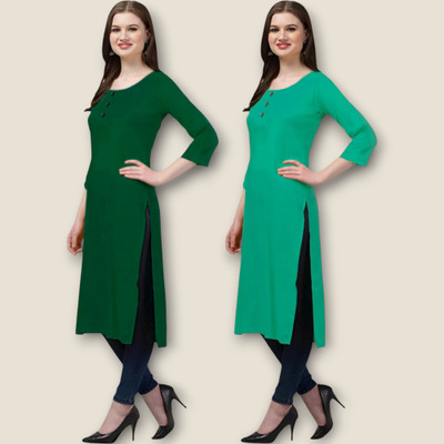 Coft Women Solid Straight Kurta(Green, Dark Green)