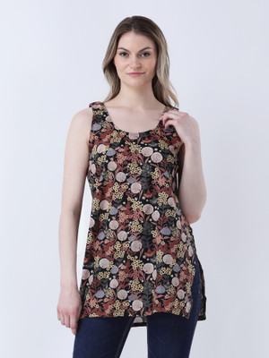 Prahari Women Floral Print Straight Kurta(Black)