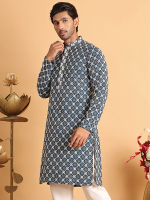 ANOUK Men Embroidered Straight Kurta(Blue)