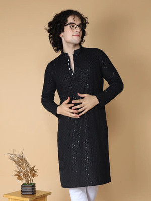 HET ENTERPRISE Men Embellished A-line Kurta(Black)