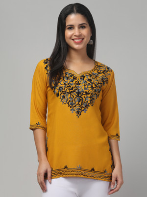 ILMA CREATION Women Chikan Embroidery Straight Kurta(Yellow, Red)