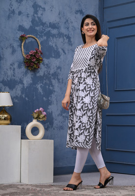 ADHOVASTRAM Women Printed A-line Kurta(Grey)