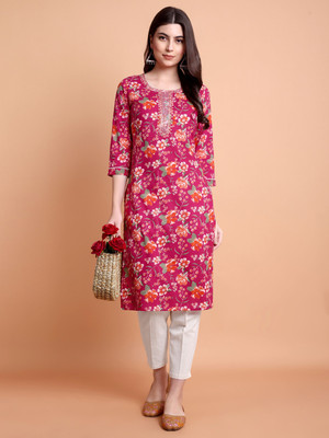 RI AND SU Women Embroidered, Printed Straight Kurta(Pink)