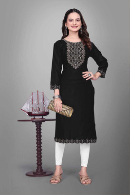 SHIVAYFAB Women Embroidered Straight Kurta(Black)