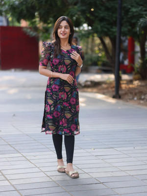 Radhe Fashion Women Floral Print A-line Kurta(Black)