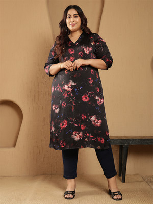 Amydus Women Floral Print Straight Kurta(Black)