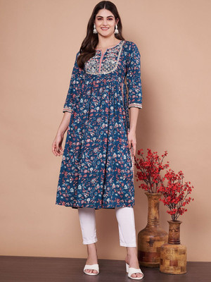 ANOUK Women Embroidered Straight Kurta(Blue)
