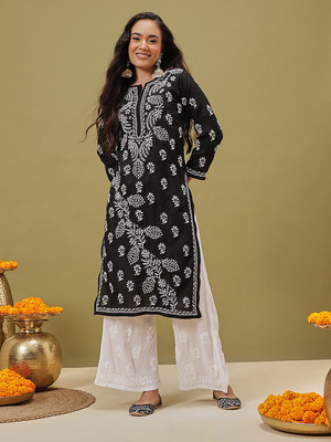 ADA Women Chikan Embroidery, Embroidered Straight Kurta(Black)