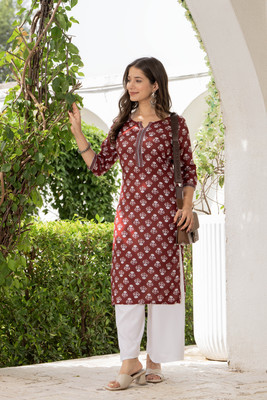 MARKHYA WALA Women Floral Print, Printed Straight Kurta(Dark Blue)