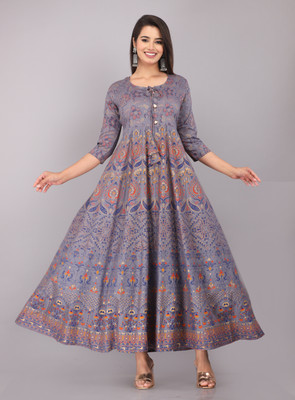 ANNEIV Women Printed Anarkali Kurta(Grey)