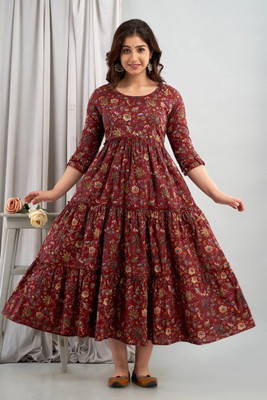 Silakiva Women Floral Print Anarkali Kurta(Maroon)