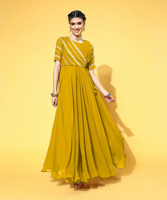 SANCIA Women Embroidered Gown Kurta(Yellow)