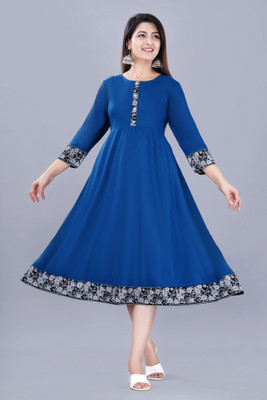 GULJAR FASHION Women Floral Print A-line Kurta(Dark Blue)