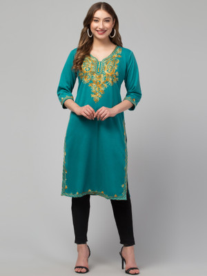 Classic Wear Women Embroidered A-line Kurta(Green)