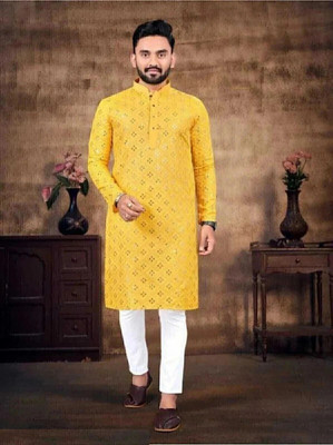 Shivgarmets Men Embellished Straight Kurta(Yellow)