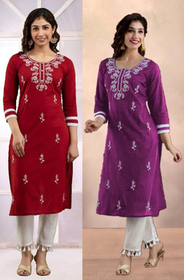 vikshi Women Chikan Embroidery Straight Kurta(Multicolor)