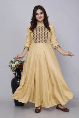 RAAKA Women Printed Anarkali Kurta(Beige, Black)