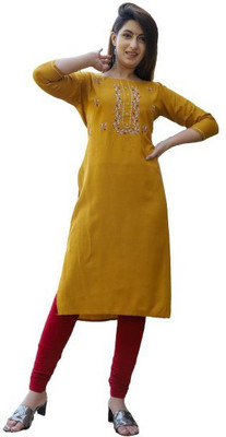 aadi Women Printed Straight Kurta(Yellow)