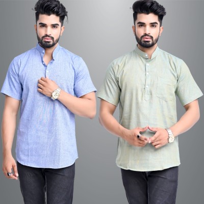 QuaClo Men Solid Straight Kurta(Blue, Light Green)