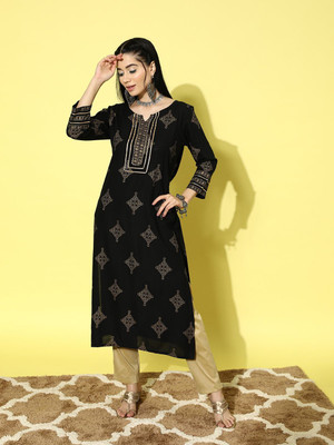 all about you Women Printed Straight Kurta(Black)