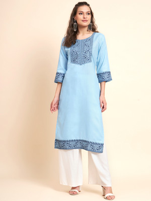 Sofisty Women Embroidered Straight Kurta(Blue)