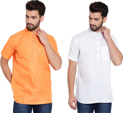 Sadree Men Solid Straight Kurta(White, Orange)