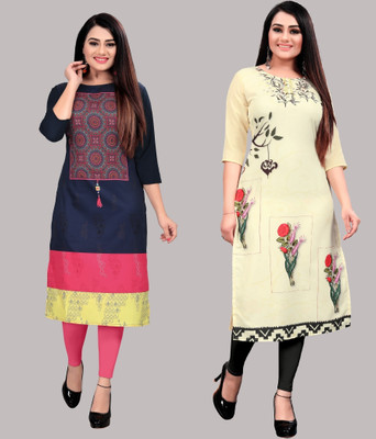 maruti fab Women Floral Print Straight Kurta(Dark Blue, Beige)