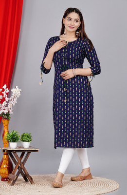 Gahnat Women Printed Straight Kurta(Dark Blue, Yellow, Green)
