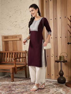 Stylum Women Solid, Embroidered Straight Kurta(Multicolor)