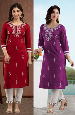 SISTO Women Chikan Embroidery Straight Kurta(Red, Purple)