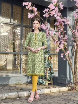 ANOUK Women Printed Straight Kurta(Light Green)