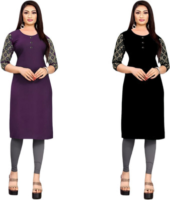 HOFC Women Solid Straight Kurta(Purple, Black)