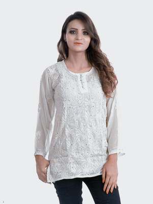 LucknowiPoshak Women Embroidered Straight Kurta(White)