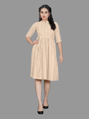 Texpa Fashionfr Women Fit and Flare Beige Midi/Calf Length Dress