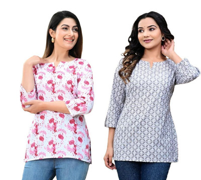 GURUFASHIONS Women Printed Straight Kurta(Grey, Pink)