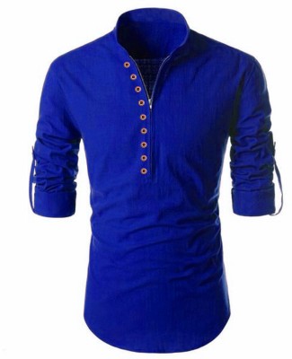 DEELMO Men Solid Casual Dark Blue Shirt