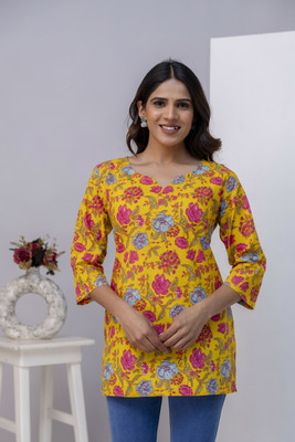 qulby Women Printed Tunic Kurta(White, Light Blue)