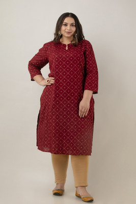 F P Collection Women Checkered Straight Kurta(Maroon)