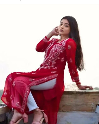 Jagven Fab Women Embroidered, Chikan Embroidery Straight Kurta(Red)