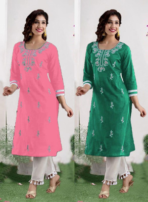 SISTO Women Chikan Embroidery Straight Kurta(Multicolor)