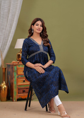 vinod print Women Printed Flared Kurta(Blue)