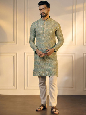 House of Pataudi Men Geometric Print Straight Kurta(Green)